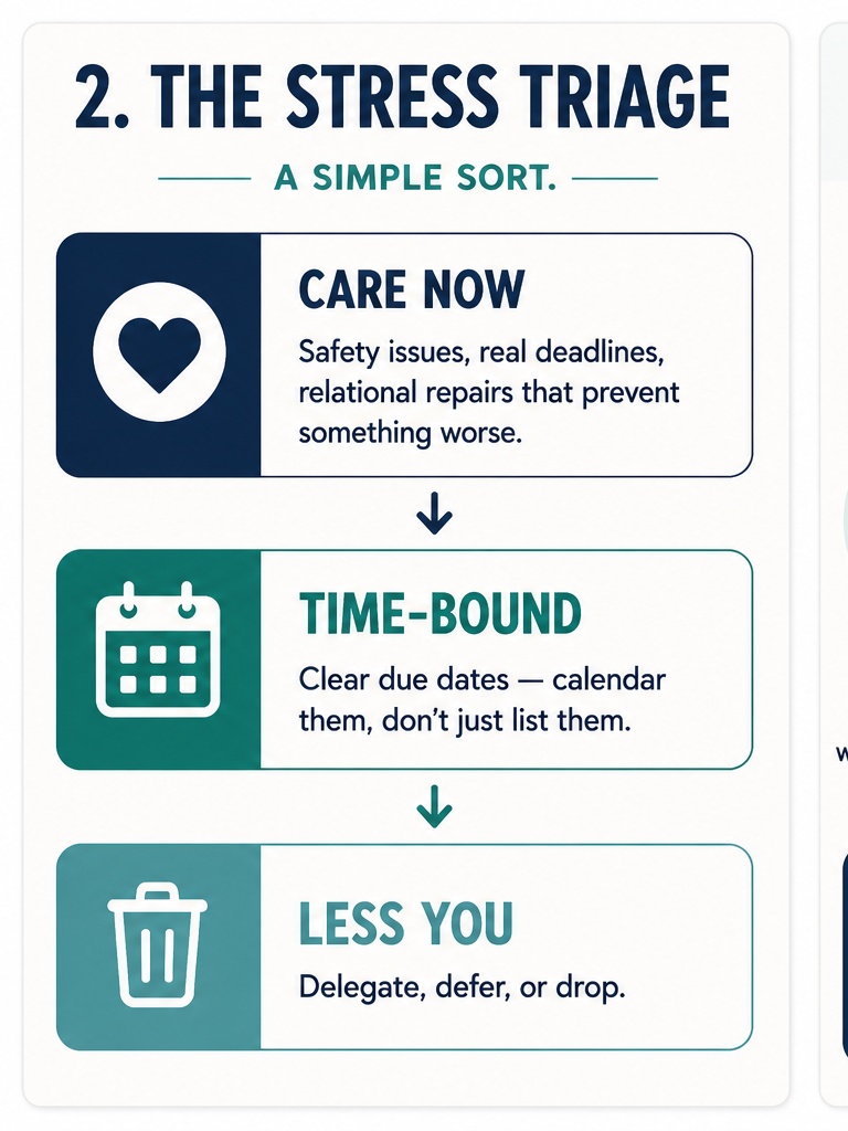 Three-step stress triage chart: care now, time-bound, less you — how to handle pressure at work Orpen Therapy Seattle