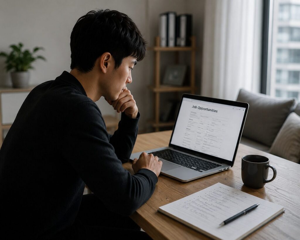 Man sitting at desk reviewing job opportunities on laptop after tech layoff — Orpen Therapy Seattle