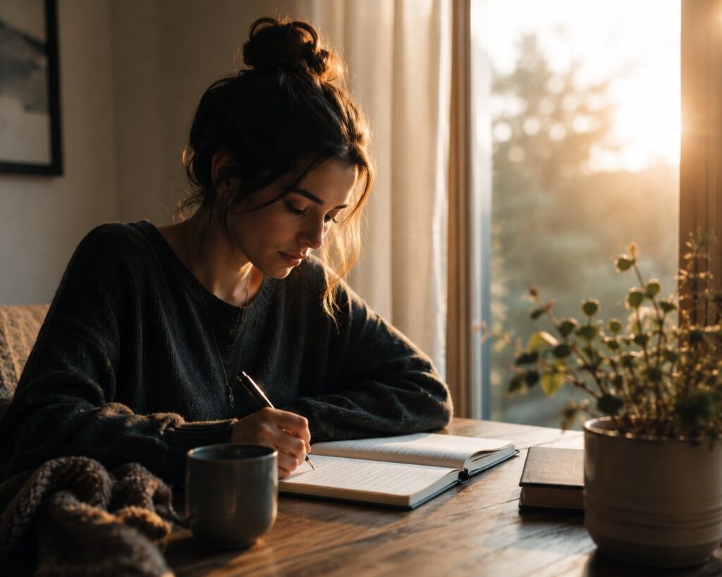 Woman journaling at window, reflecting on overcoming anxiety symptoms