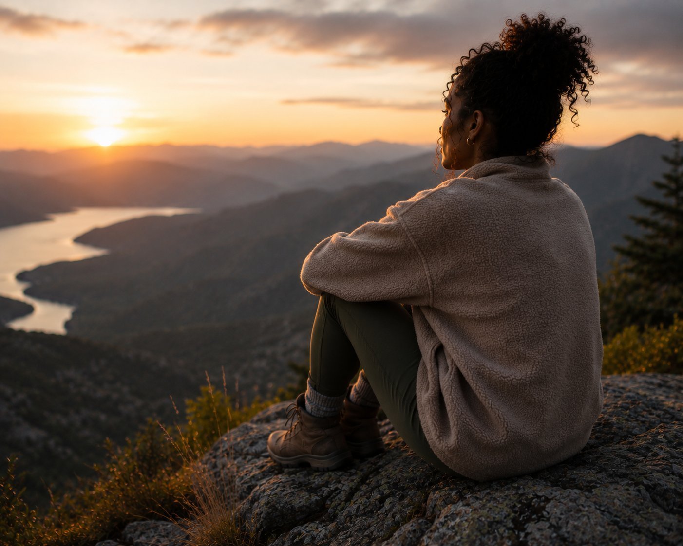 Woman sitting on mountaintop at sunset reflecting on anxiety recovery — Orpen Therapy Seattle