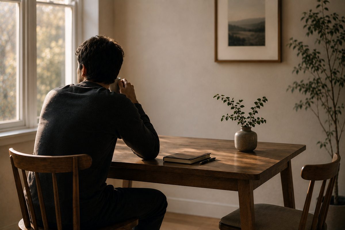 Man seated alone at table looking out window, representing self-contained avoidant attachment style in relationships — Orpen Therapy Seattle