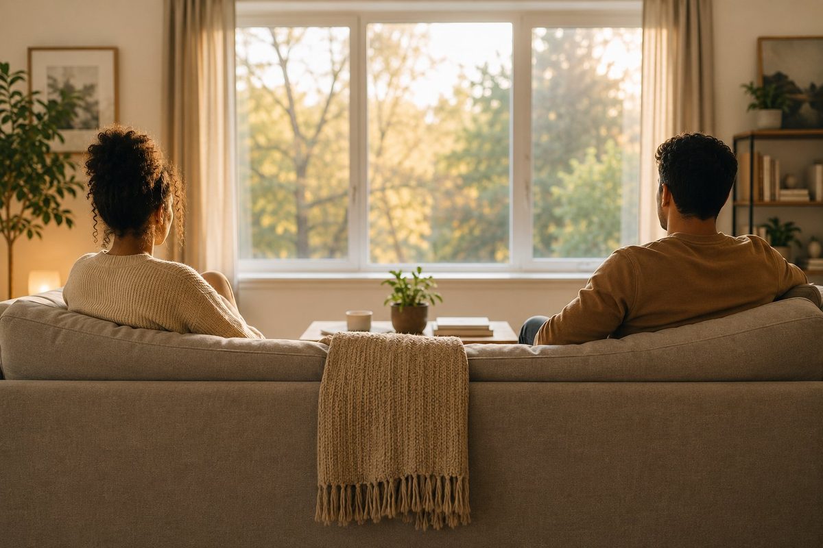 Boundaries in a relationship — couple sitting together on a couch facing a window, Orpen Therapy Seattle