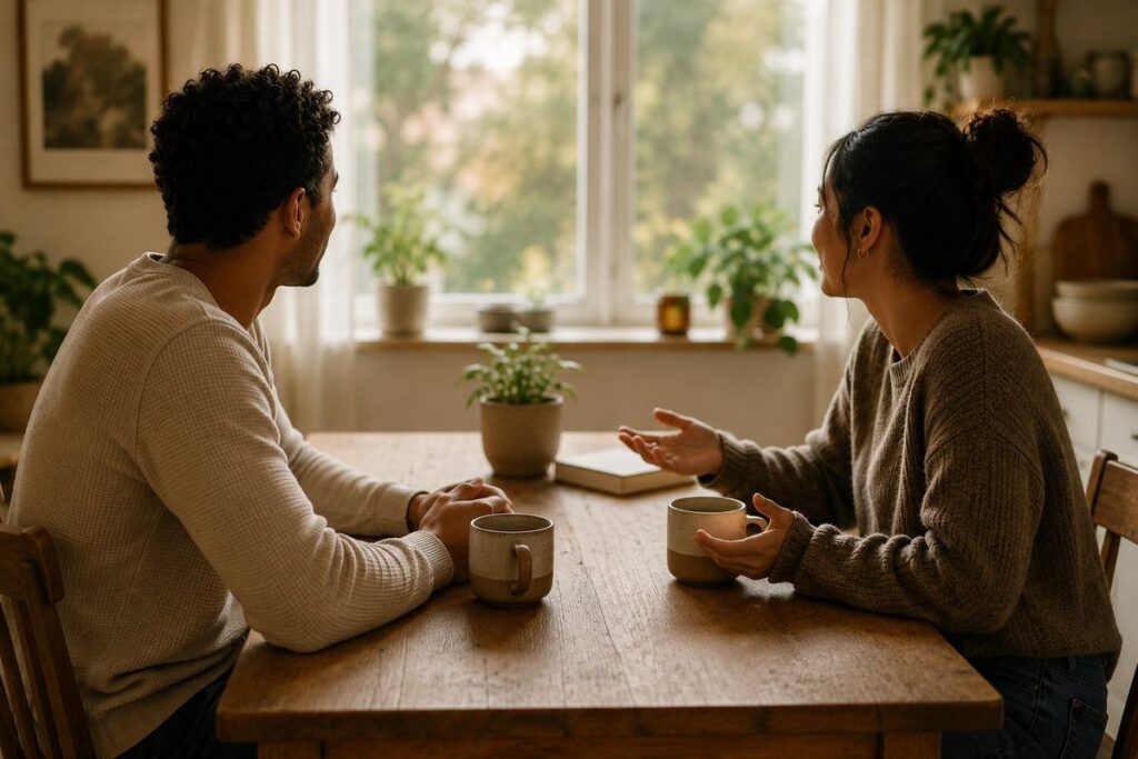Couple talking at a kitchen table over coffee, having an open conversation about a relationship boundary — Orpen Therapy Seattle