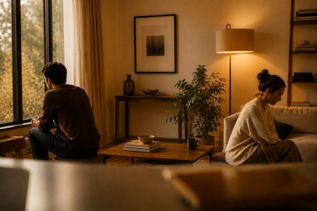 Couple seated apart in living room not facing each other, representing disconnection addressed in couples therapy after infidelity — Orpen Therapy Seattle