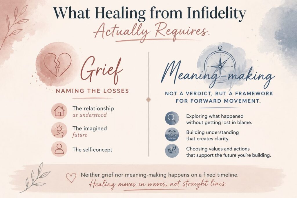 Split diagram showing grief and meaning-making as the two requirements for healing from infidelity — Orpen Therapy Seattle