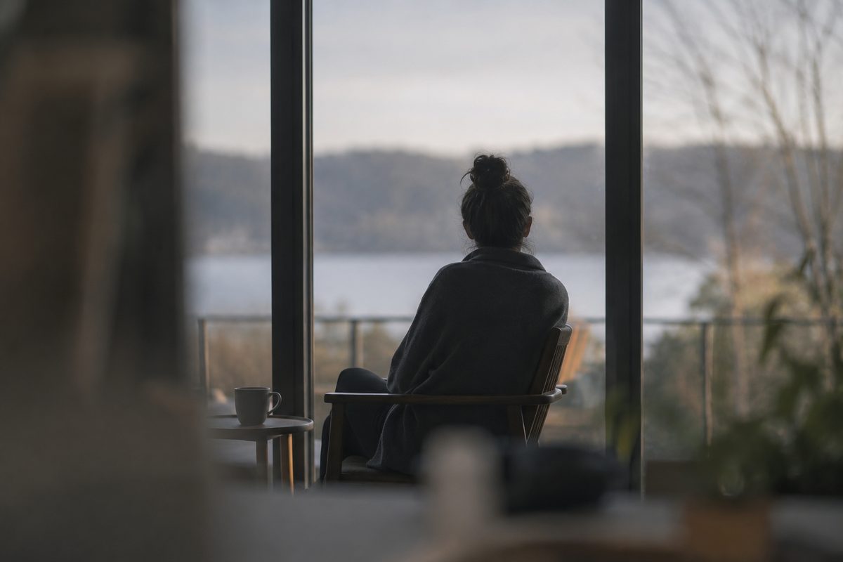 Woman seated alone looking out over water wrapped in blanket, representing the solitary process of healing after infidelity — Orpen Therapy Seattle