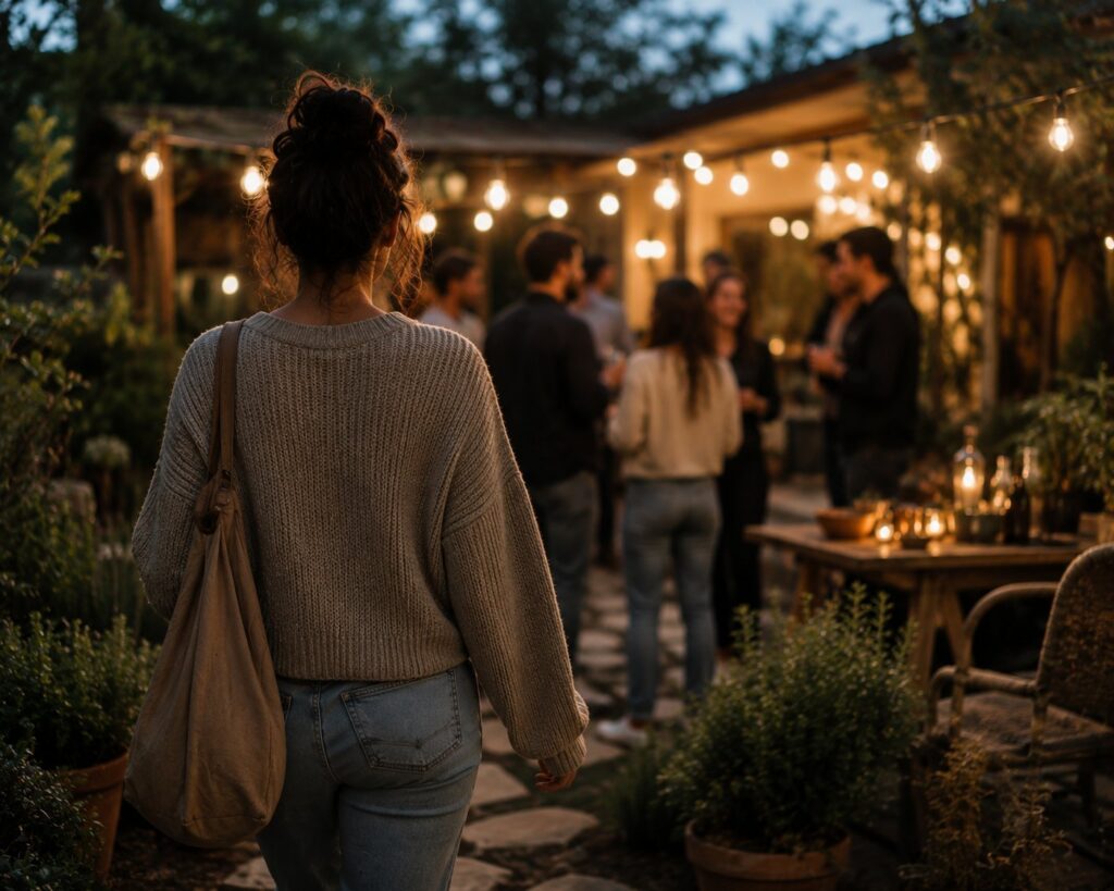 Person approaching social gathering, representing improved relationships during anxiety recovery