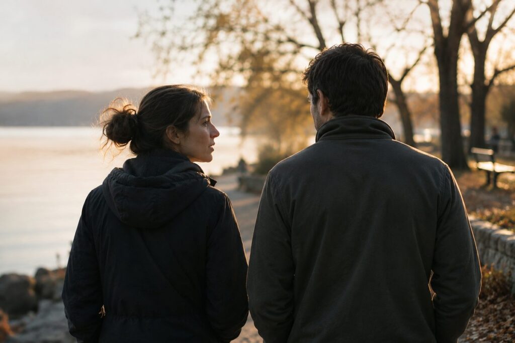 Couple walking together by water at sunset, one turning toward the other mid-conversation, representing trust rebuilding exercises for couples — Orpen Therapy Seattle