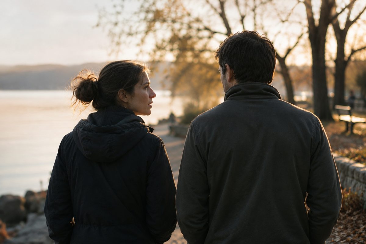 Couple walking together by water at sunset, one turning toward the other mid-conversation, representing trust rebuilding exercises for couples — Orpen Therapy Seattle