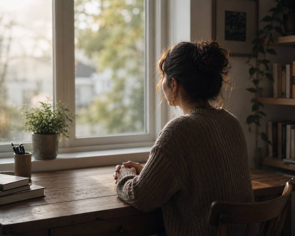 Person sitting at desk near window reflecting on anxiety — Orpen Therapy Seattle