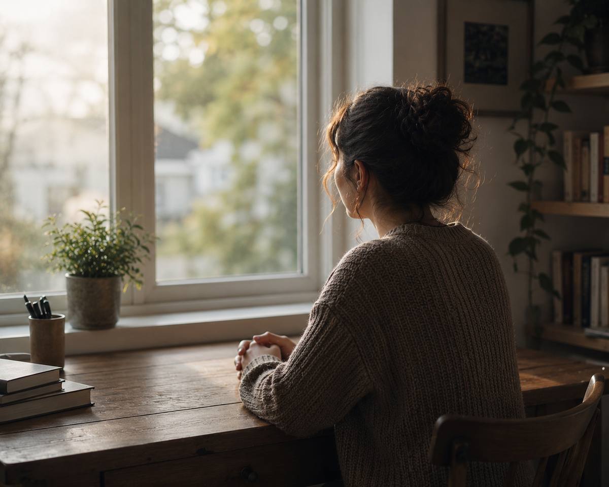 Person sitting at desk near window reflecting on anxiety — Orpen Therapy Seattle