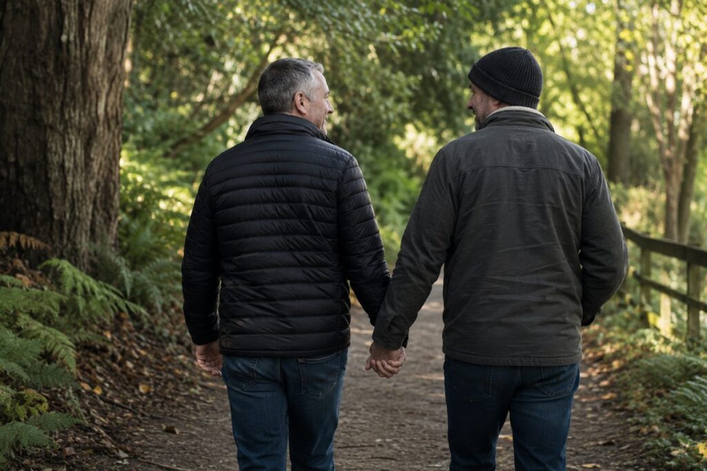 A loving marriage: two partners holding hands while walking together on a wooded path