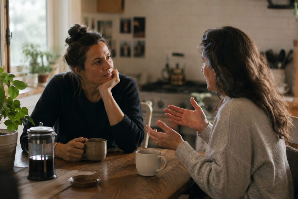 Communication in marriage: two partners talking openly over coffee at home
