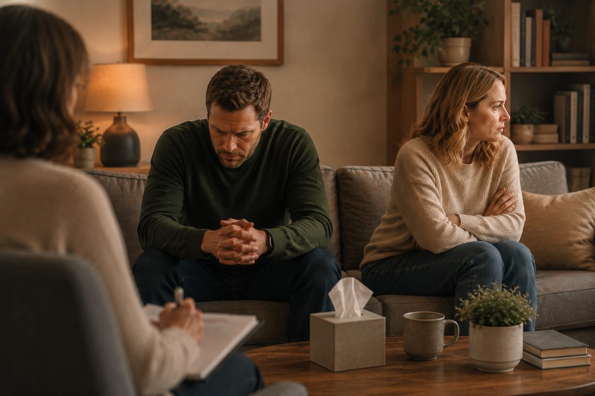 Counseling for cheating: a couple sitting apart during a therapy session with their counselor taking notes