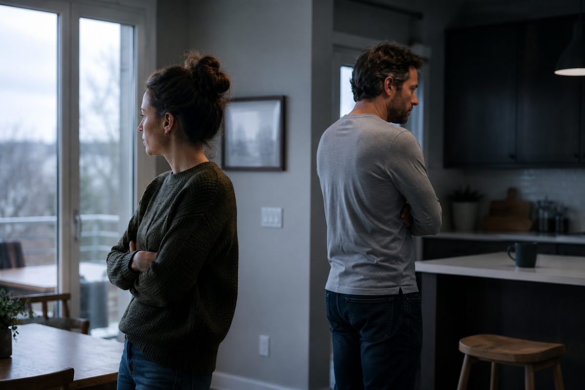 Couple fighting: two partners standing back to back in tense silence after an argument