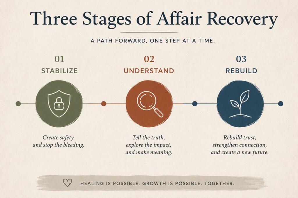 Infographic on counseling for cheating showing the three recovery stages: stabilize, understand, rebuild
