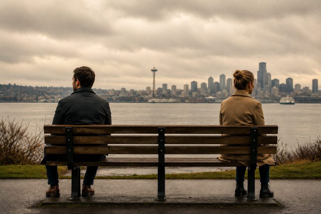 Marriage counseling for separated couples: a man and woman sitting apart on a bench overlooking the Seattle skyline