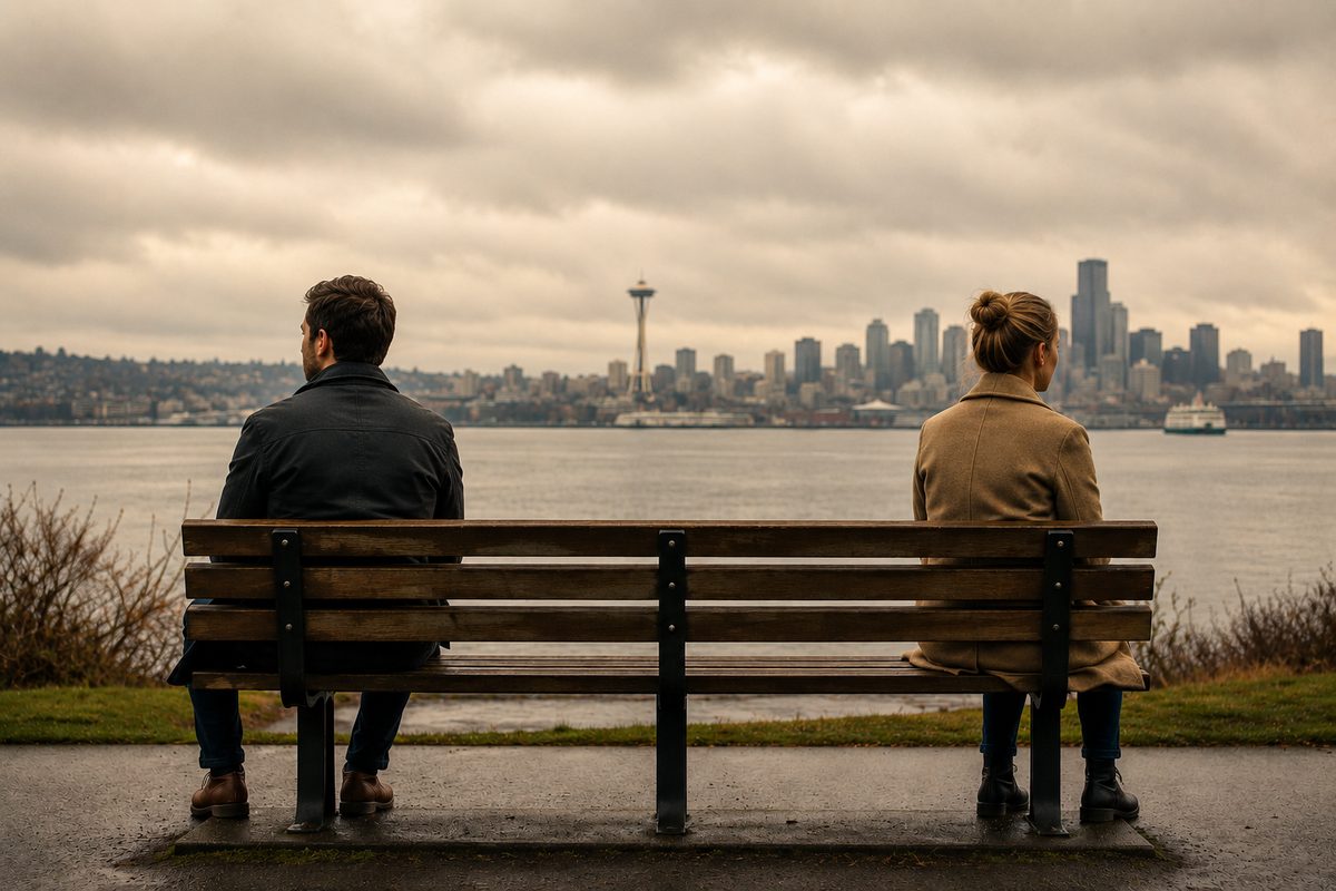 Marriage counseling for separated couples: a man and woman sitting apart on a bench overlooking the Seattle skyline