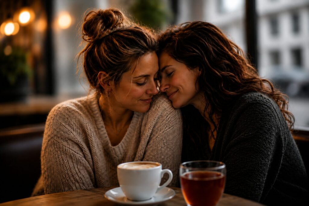 Two women sharing a close, quiet moment over coffee, sex therapy Seattle, Orpen Therapy Seattle